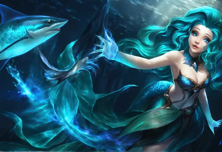 A cute woman mermaid (turquoise hair, pale skin, blue scales, breast covers) is dancing with a blue shark deep in the ocean, glowing creatures watch nearby lighting the scene
