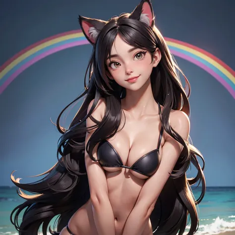 (high resolution, upper body, soft skin:1.2),(best illustration,masterpiece:1.2),ultra-detailed,[(cat ears , gray inside:1.2, brown cat eyes, rainbow long hair, large breast),vivid colors,sharp focus,portrait, beach lighting,bokeh, wearing a tan bikini, wa...