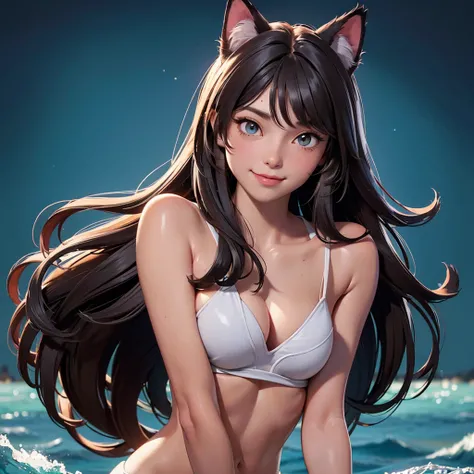 (high resolution, upper body, soft skin:1.2),(best illustration,masterpiece:1.2),ultra-detailed,[(cat ears , gray inside:1.2, brown cat eyes, rainbow long hair, large breast),vivid colors,sharp focus,portrait, beach lighting,bokeh, wearing a tan bikini, wa...