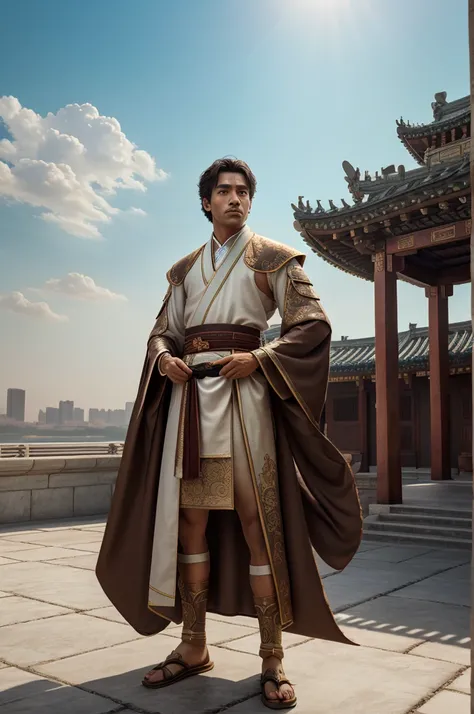 masterpiece, professional lighting, photon mapping, radiosity, physically-based rendering,1boy , full body,absurdres, highres, skyline, beautiful detailed sky, covered full body clothes like a indian ancient king ,(hanfu, ming style),brown eyes,