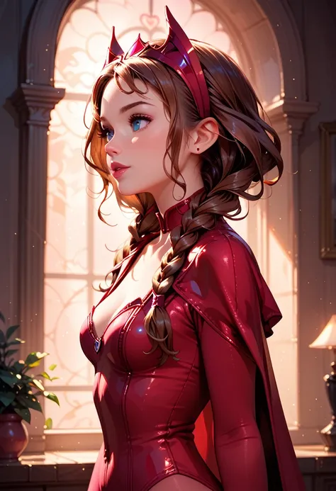 score_9, score_8_up, score_7_up, score_6_up, 1girl, solo, anna (brown hair, braided pigtails:1.1), wearing (Scarlet Witch suit:1.2), (three quartershot:1.1), detailed soft lighting.