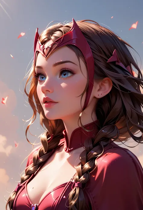 score_9, score_8_up, score_7_up, score_6_up, 1girl, solo, anna (brown hair, braided pigtails:1.1), wearing (Scarlet Witch suit:1.2), (three quartershot:1.1), cinematic lighting.