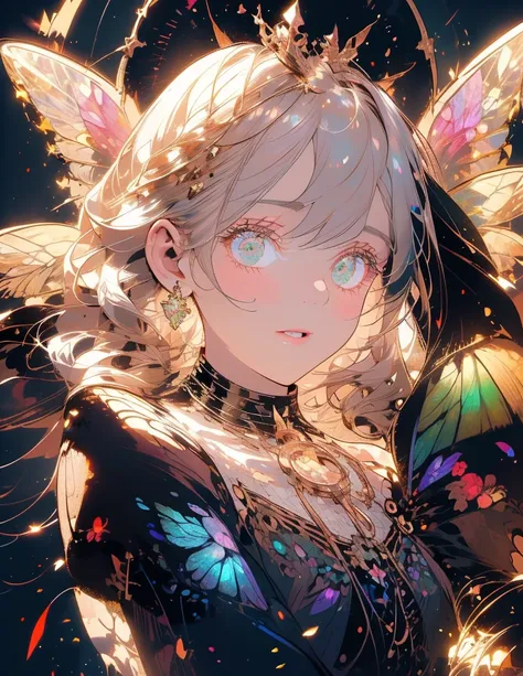 a beautiful (1girl) with colorful butterfly wings, white hair, detailed face, green eyes,intricate butterfly wings,detailed wing patterns,detailed clothing,colorful butterfly wings,cinematic lighting,golden light particle, best detailed,masterpiece,ultra d...