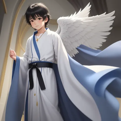 A 4 year old boy, Incredibly charming wearing a floor-length robe, only man, pure white angel, only man,  two beautiful blue wings, angelic look, happy eyes, hair with black bangs, simple brown belt at his waist, gold cross necklace. The illustration is in...