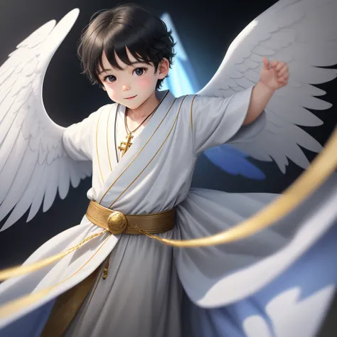 A 4 year old boy, Incredibly charming wearing a floor-length robe, only man, pure white angel, only man,  two beautiful blue wings, angelic look, happy eyes, hair with black bangs, simple brown belt at his waist, gold cross necklace. The illustration is in...