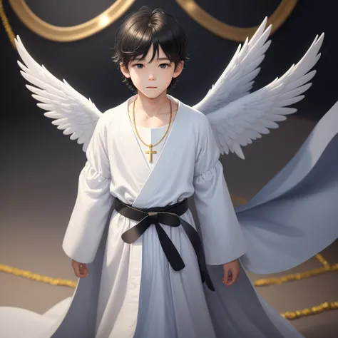 A 4 year old boy, Incredibly charming wearing a floor-length robe, only man, pure white angel, only man,  two beautiful blue wings, angelic look, happy eyes, hair with black bangs, simple brown belt at his waist, gold cross necklace. The illustration is in...