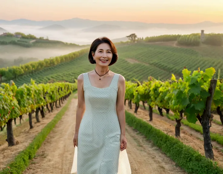 Italy foggy countryside dawn, Endless vineyards, A cathedral can be seen far away in the fog.. Korean woman in her 40s, Wear a comfortable sleeveless dress, Korean woman with beautiful short medium bob hair, Standing on a path on top of a vineyard hill, Be...