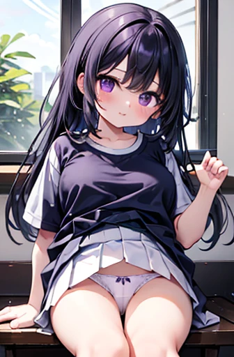 Elementary school girl, 8-year-old, Large Breasts, Black Hair, Long Hair, Purple eyes （One person） The upper body is plain white, Short sleeveＴshirt, Navy blue mini skirt, White panties（（I can see her panties）） White socks　 girl&#39;S Room 　Are standing （（...