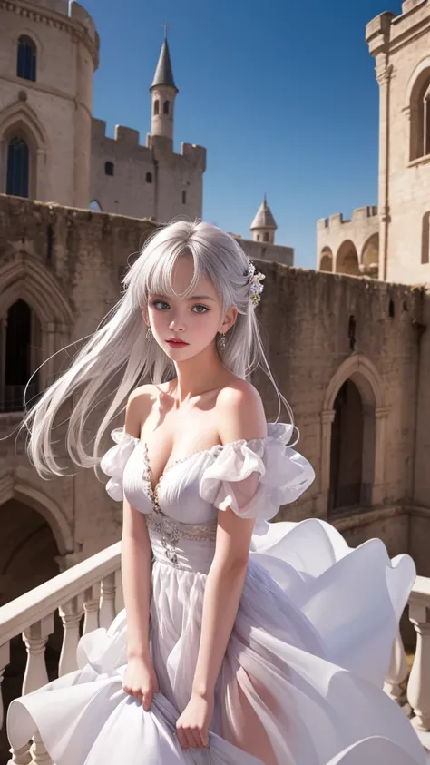 （Girl standing on balcony of old castle)、Iris heterochromatic pupil，silver-haired girl，free high resolution,Off-the-shoulder semi-transparent pure white dress