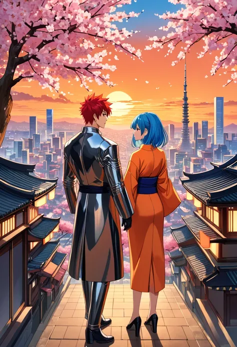 Illustrate a scene from a classic anime. Display two main characters, a Caucasian male with spiky red hair, wearing a futuristic metallic suit and a Black female with long blue hair, dressed in a traditional kimono, standing in the center of a bustling cit...