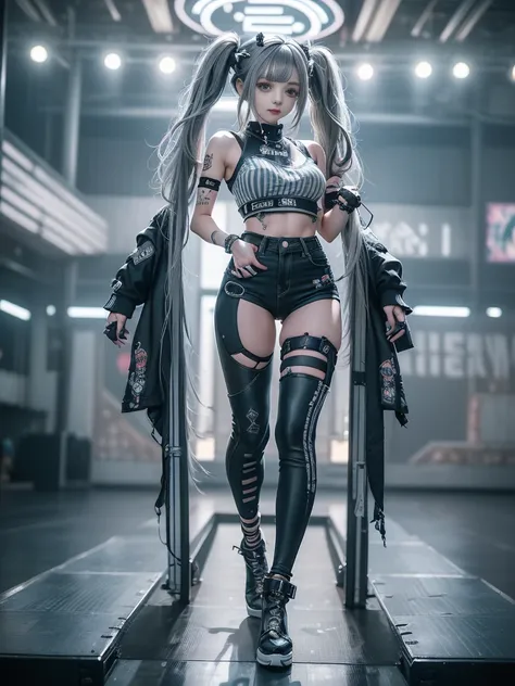 (full body view:1.2)、(side view:1.1)、(smiling with teeth showing:1.3),(shibuya gal:1.5)、(neo-goth fashion:1.5)、(punk rock visual...