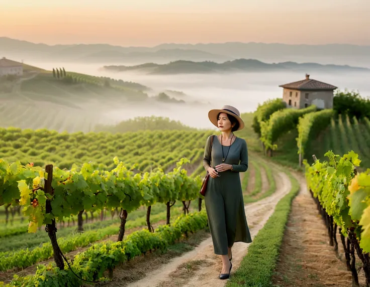 Italy foggy countryside dawn, Endless vineyards, A cathedral can be seen far away in the fog.. Korean woman in her 40s, wearing a plain dress, casual pants, Korean woman with beautiful short medium bob hair, Standing on a path on top of a vineyard hill, Be...