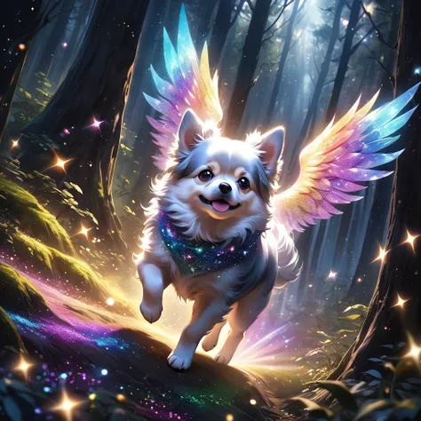 “A realistic depiction of a small, colorful dog with wings, flying in a dark forest. The dog has fluffy, multicolored fur and majestic wings, with its body covered in sparkles and glitter, leaving a trail of glitter as it flies among the dark trees.”