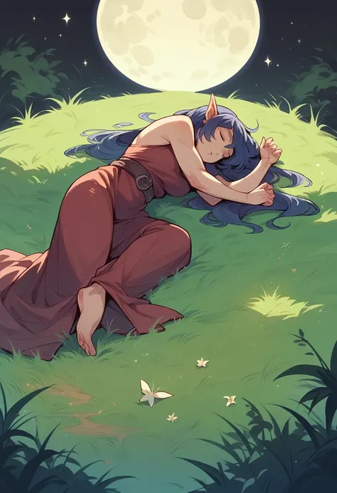 Dragon woman, sleeping on the grass, fullmoon