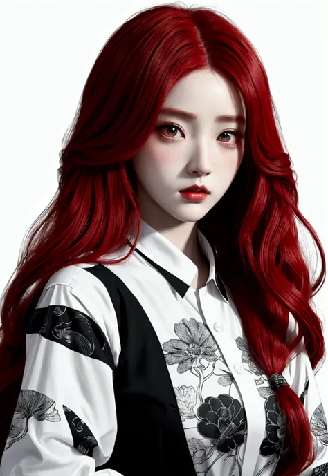 Transparent red hair、Anime girl wearing a black and white print shirt Character portrait using only three colors: red, black and white Urban art style Pre-Raphaelite、Inspired by Xia Shuwen、Beautiful Female Android