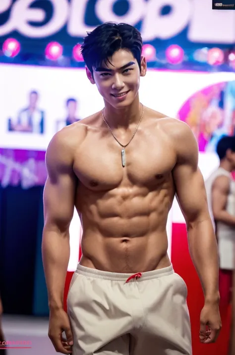 Boy in the crowded lunar new year festival, amazing lunar new year festival scenery, Crowded festival, Chinese lion dance in the background, barongsai Full body photo, very wet body, Very thin red thong, Proudly showing off his sweaty very hairy armpits, c...