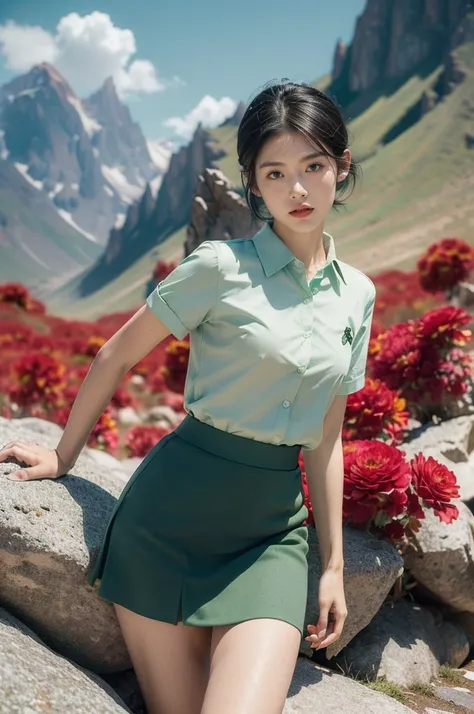 (((best quality))),(((ultra detailed))),(((masterpiece))),illustration,((1 beautiful girl,tomboy,solo)),(short black hair:1.3),((slim,thin)),((small breasts,thin)), vigorous, confident, (light green collared short-sleeved shirt:1.3), (dark green skirt:1.2)...