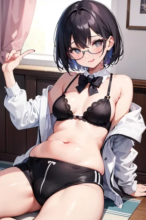 Pretty  with glasses, plump thighs,, sitting on the floor, blushing, bare abdomen and completely flat abdomen, heart-shaped pupils, satisfied face with tongue out, bare clothing, small breasts, short hair