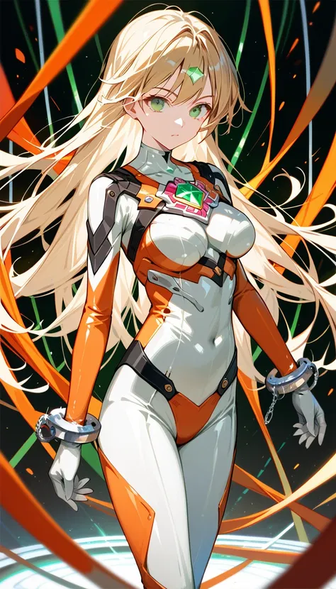 (best quality),female,Sala,original,blonde hair ,green eyes,(((white bodysuit))),orange bodysuit,ultragirl,standing,handcuffs,red-gem on chest,ultra-detailed,sharp focus,aesthetic, score_9, score_8_up, score_7_up,source_anime,