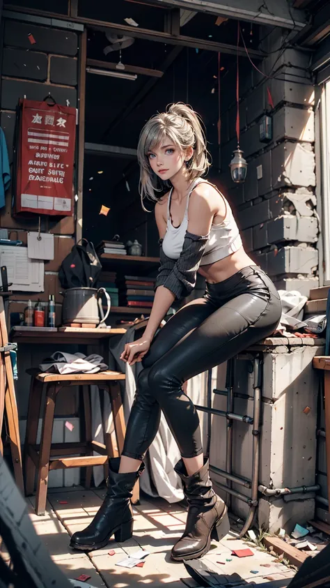 A room in the ruins of a reinforced concrete building、Litter scattered、A folding chair in the middle of the room、A woman sits on a metal chair、slouch、24 year old Caucasian female、Silver Hair、Shortcuts、Short leggings、High neck tops、No sleeve、short boots