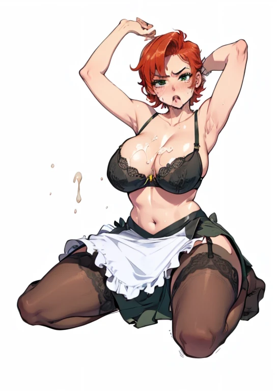 sexy black bra, annoyed, flushed,  cum on her body, green dress, white apron black bra, Red hair, short hair, in a kitchen, very big breasts, black stockings, garter belt in each stocking., cum on her breasts. flushed. 