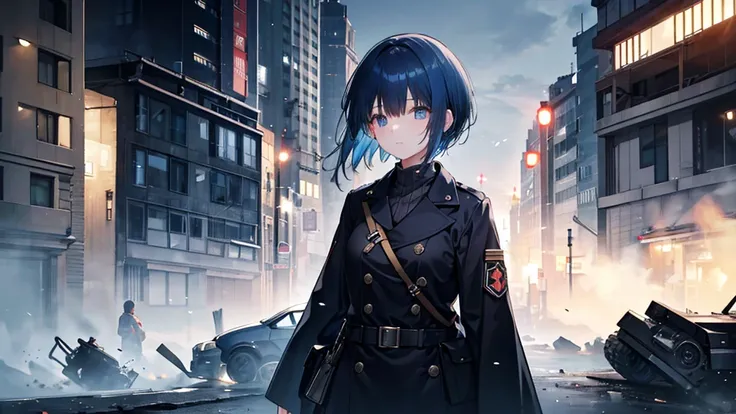 A girl with short blue hair wearing a black coat。The background is the city of the war zone.。Wearing a German officer&#39;s cap。