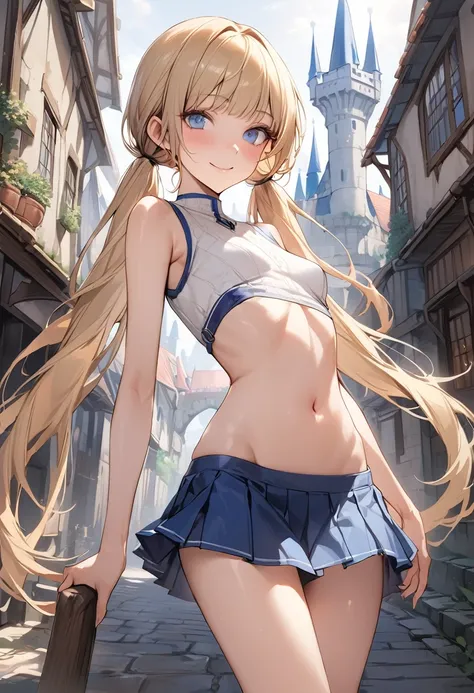 ((masterpiece,Highest quality:1.3,best quality illustration)),realistic,cowboy shot,独奏,1woman,female knight、(20 year old beauty),((very small head:1.4)),((ideal ratio body proportions:1.3)),blonde hair,twin tails,straight long hair,bangs,gorgeous eyes,Blue...