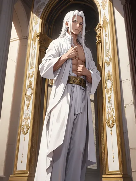 Make God a man in heaven with white clothes inside his divine palace he has white hair and is muscular 