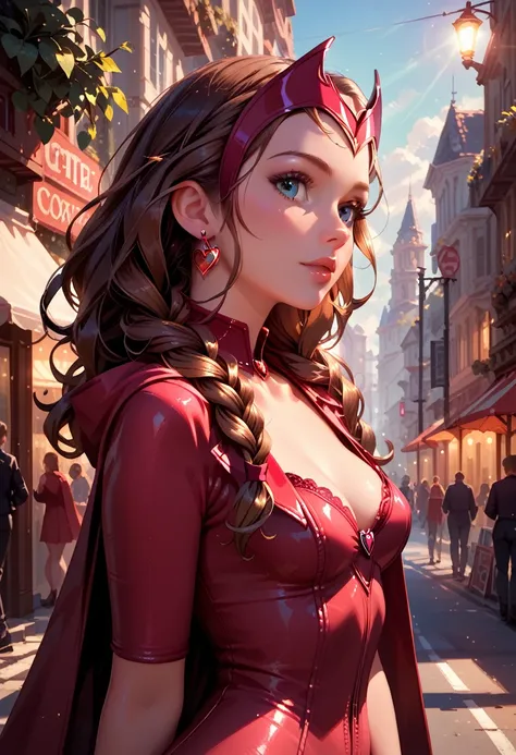 score_9, score_8_up, score_7_up, score_6_up, 1girl, solo, anna (brown hair, braided pigtails:1.1), wearing (Scarlet Witch suit:1.2), (three quartershot:1.1), city street, casting magic spells, detailed soft lighting.