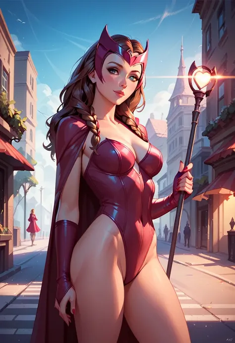 score_9, score_8_up, score_7_up, score_6_up, 1girl, solo, anna (brown hair, braided pigtails:1.1), wearing (Scarlet Witch suit:1.2), (three quartershot:1.1), city street, casting magic spells, cinematic lighting.