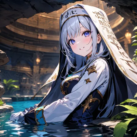 Smiling robot angel nun playing in underground cave pool, detailed background, detailed writing, 4k, UHD, absurd, ultra quality, masterpiece,