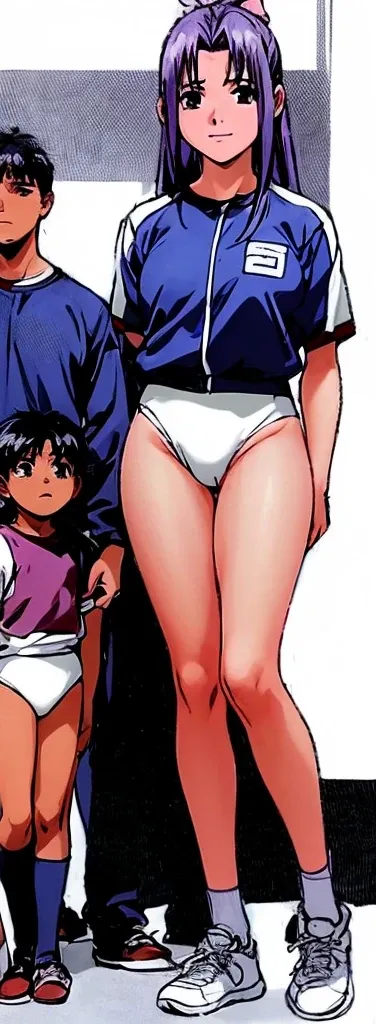 Momoko Koigakubo, with her beautiful legs, stands in a white gym uniform and light navy blue bloomers that look like panties.。Momoko Koigakubo is holding a young boy wearing a tracksuit。