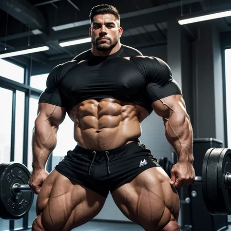 a muscular, massively muscular bodybuilder man with massively large muscles, with a large, muscular and defined body, wearing black shorts