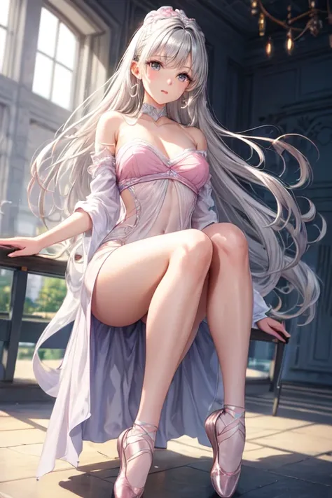 very beautiful woman, silver hair with a slight hint of pink, long straight knee length hair, grey eyes, ballet background doing pirouets