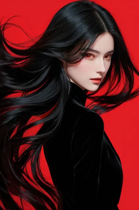 a woman with long black hair and red eyes is standing in front of a red background, with long hair, with long dark hair, in the art style of bowater, portrait, realistic