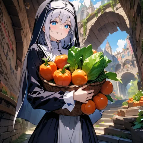 Underground cave pool smiling nun carrying vegetables, detailed background, detailed writing, 4k, UHD, absurd, ultra quality, masterpiece,