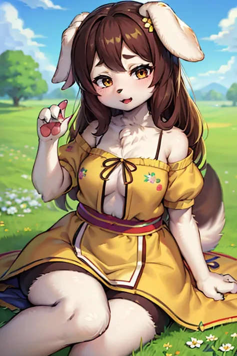 Furry,Dog Girl,masterpiece,Highest quality,masterpiece,Highest quality,Official Art,Highly detailed CG Unity 8k wallpaper,,Rice Print Style,figure,cute,One girl,Flowers,grassland、