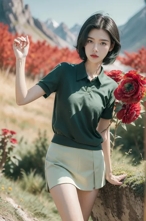 (((best quality))),(((ultra detailed))),(((masterpiece))),illustration,((1 beautiful girl,tomboy,solo)),(short black hair:1.3),((slim,thin)),((small breasts,thin)), vigorous, confident, (light green collared short-sleeved shirt:1.3), (dark green skirt:1.2)...