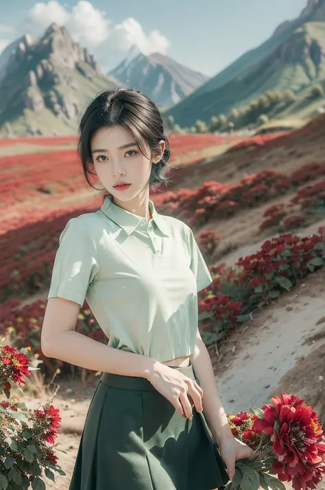 (((best quality))),(((ultra detailed))),(((masterpiece))),illustration,((1 beautiful girl,tomboy,solo)),(short black hair:1.3),((slim,thin)),((small breasts,thin)), vigorous, confident, (light green collared short-sleeved shirt:1.3), (dark green skirt:1.2)...