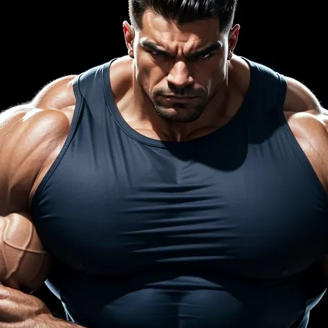 a muscular, massively muscular bodybuilder man with massively large muscles, with a large, muscular and defined body, on a black background, wearing a simple blue t-shirt, seen close up