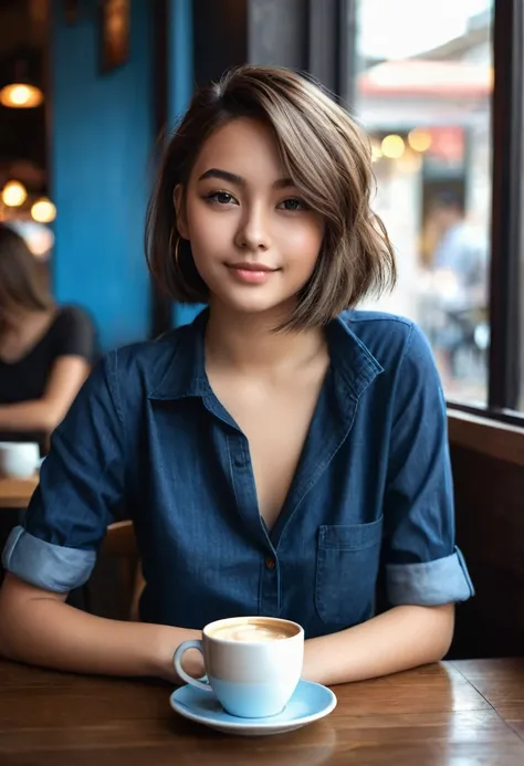 A photorealistic portrait of an 18-year-old girl with captivating beauty, her hair styled in a chic bob and dyed a mesmerizing blue, dressed in a simple black shirt and jeans that highlight her natural beauty. Big tits. The background should depict a relax...