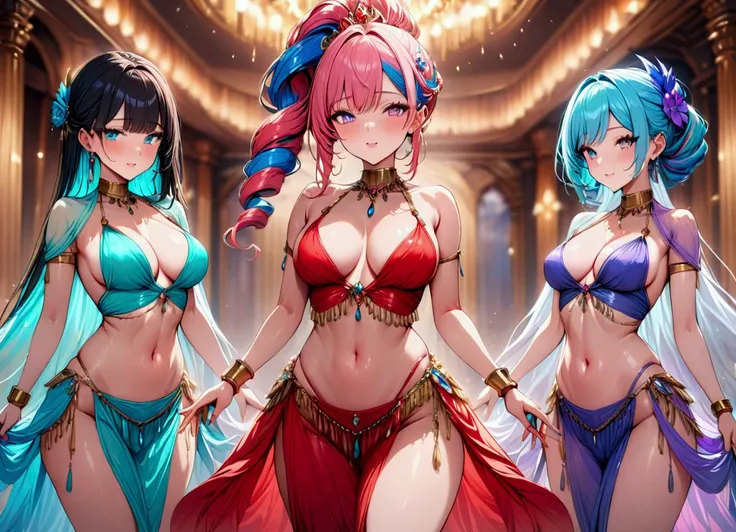 dancer, (masterpiece:1.2), best quality, high quality, highres, (hyper detailed), 3girls, various and colorful hairstyles