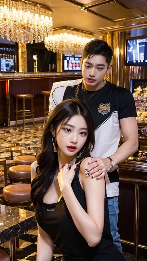 SFW, Highest Quality, realistic, Masterpiece, night club, KTV room, crazy party, sexual entertainment, korea, noisy, unkempt, lewd, erotic, Korean men, The men are rich tycoons, Men enjoy drinking and entertainment as ladies in entertainment establishments...