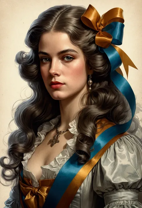 Charlie Bowater realistic lithographic sketch of a full-length portrait of a young beautiful woman from the Louis XIV era, Dieselpunk, multi-colored ribbons, old paper texture, very detailed