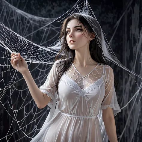 a woman entangled in the spider's web, cobweb,she's wearing a long saton nightgown