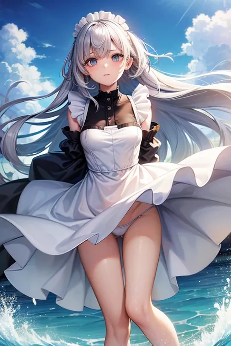 (master_piece, high_quality, beautiful, super delicate, absurdres:1.2), 1girl, mature, 16 years old, beautiful face, ahoge, hair fluttering in the wind, white hair, blue eye, (maid chiffon suit, fluttering dress, The wind is blowing, dress flipped up, I ca...