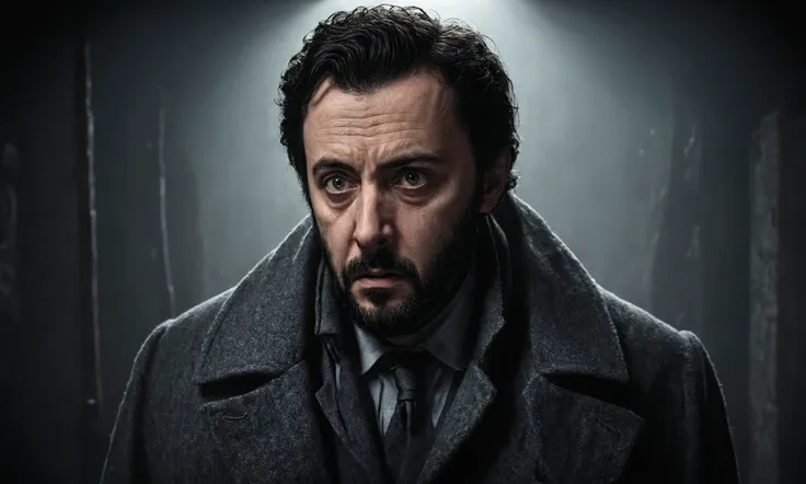 man, little beard, gloomy, gray coat, photorealistic, creepy, curious, scared