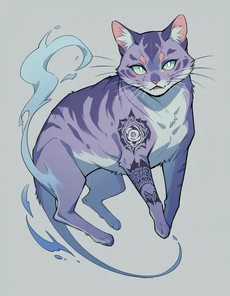 feral ghost cat, all four ,purple body , blue pupils ,white tone , blue tone ,tattoo body ,whisker , full body , helo