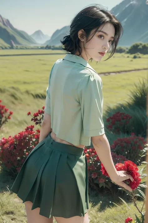 (((best quality))),(((ultra detailed))),(((masterpiece))),illustration,((1 beautiful girl,tomboy,solo)),(short black hair:1.3),((slim,thin)), vigorous, confident, (light green collared short-sleeved shirt:1.3), (dark green skirt:1.2),(standing:1.3),simplic...