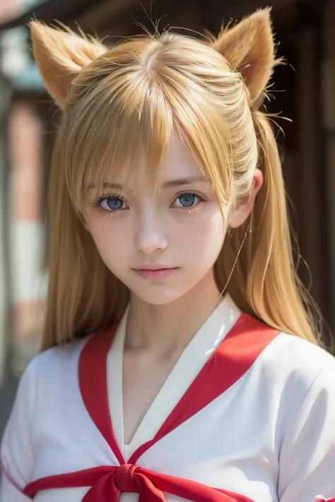 ((Beautiful blonde hair))、((Beautiful blonde))、Small fox ears、one girl, (a beauty girl, delicate girl:1.3), (12 years old, change:1.3), break,((Shrine maiden costume)),(Brown fox ears) break, Definition of Very Fine Particles, (Symmetrical eyes:1.3), break...